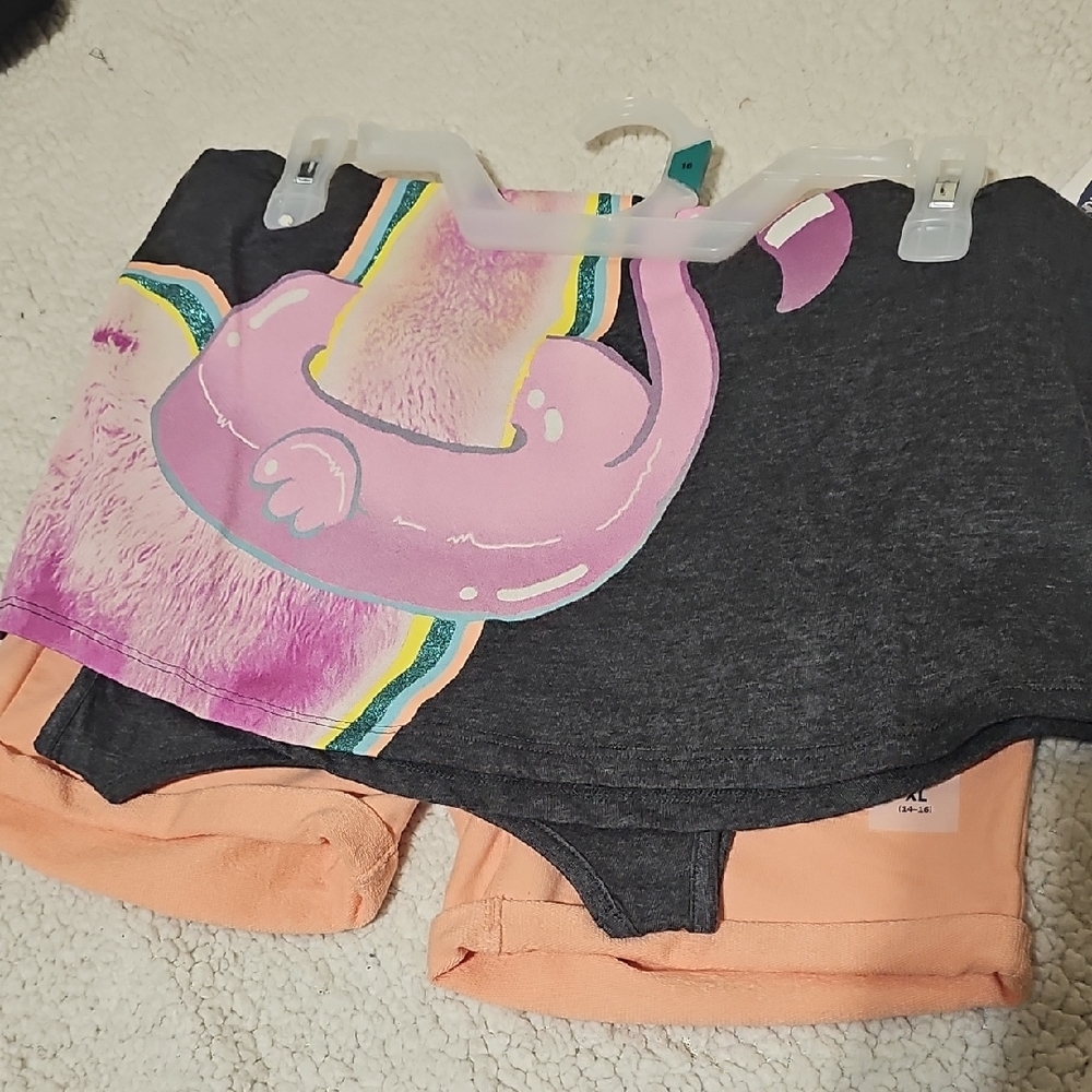 Old Navy Girls Gray & Pink Shark Graphic Top with Peach Shorts Matching Set